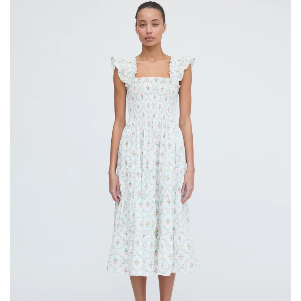 Hill House White Smocked Ruffled Midi - The Ellie nap dress - pastel trellis